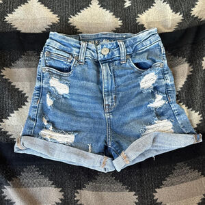 High-waisted blue denim shorts